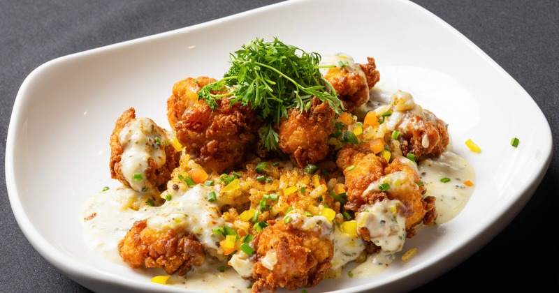 Fried bites with creamy sauce and herbs on a white plate