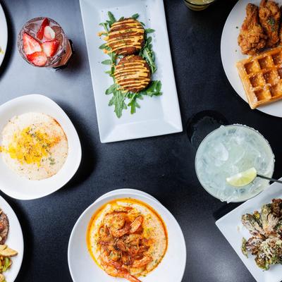 A top view of served meals and drinks.