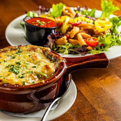 Fried calamari and french onion soup.