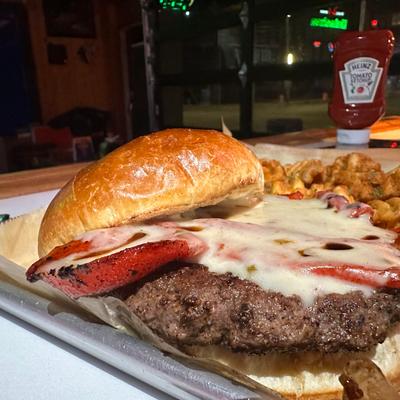 A closeup on a burger