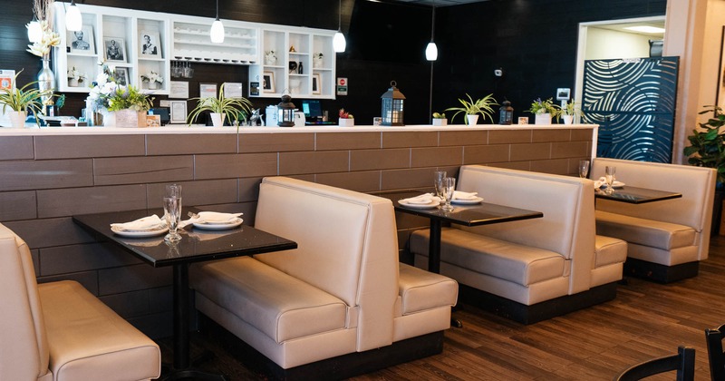 Interior, restaurant booths in dining area