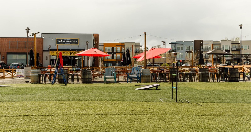 Garden, sports terrain, food and drinks counter behind