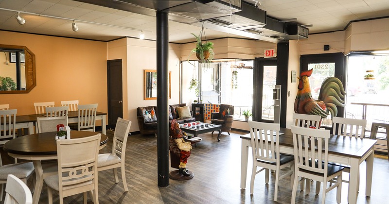 Interior, seating area with dining tables