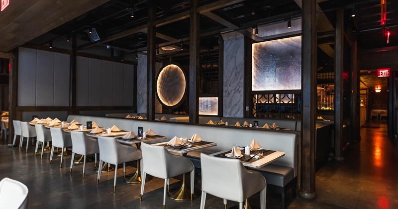 Interior, seating area, tables ready for guests