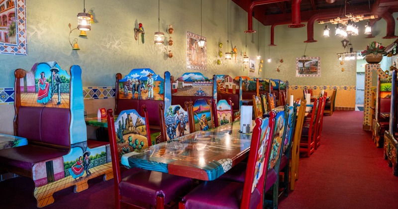 Interior, tables, chairs and booths all lined up