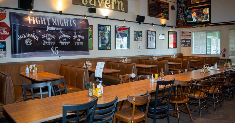 Interior, restaurant booths and dining table