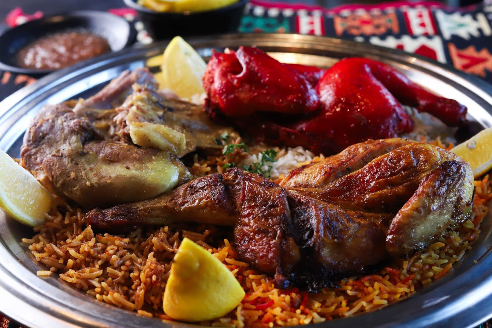 Lamb and chicken with basmati rice and vegetables