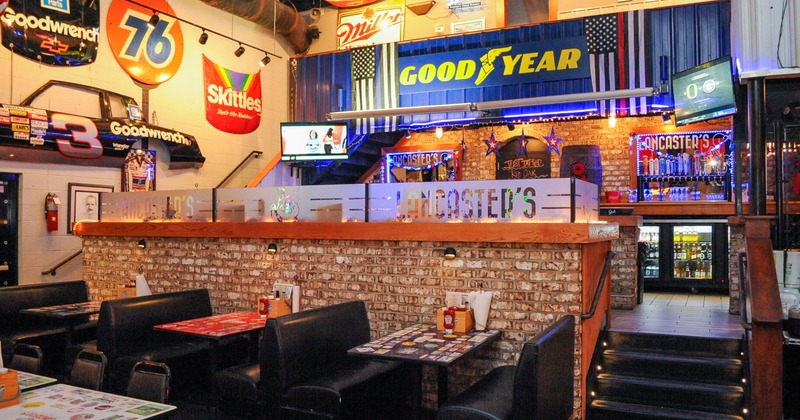 Dining area, automobile related signage on walls