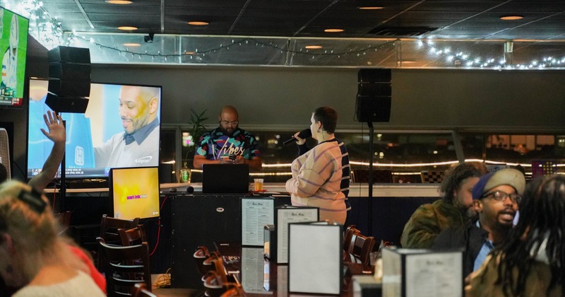 Interior, diner and bar area, karaoke time, tv screen, dj