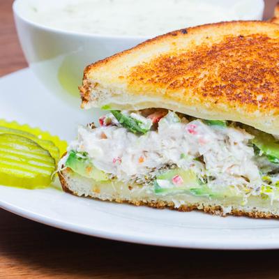Tuna salad sandwich plate, close up.