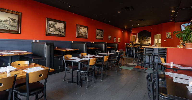 Interior, tables and chairs ready for guests