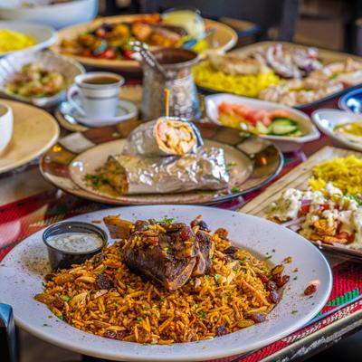 Assortiment of menu items served on the table.