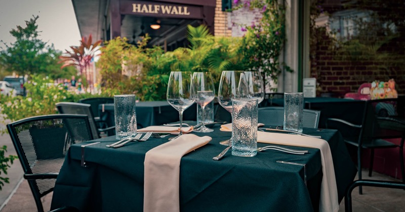 Outside, seating area,  table setting