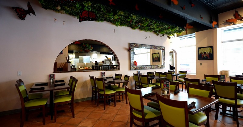 Interior, green chairs, tables ready for guests