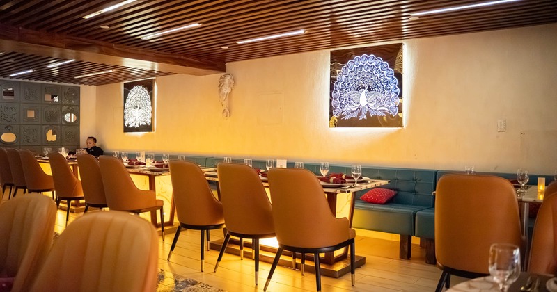 Interior,  tables, chairs and banquette seating