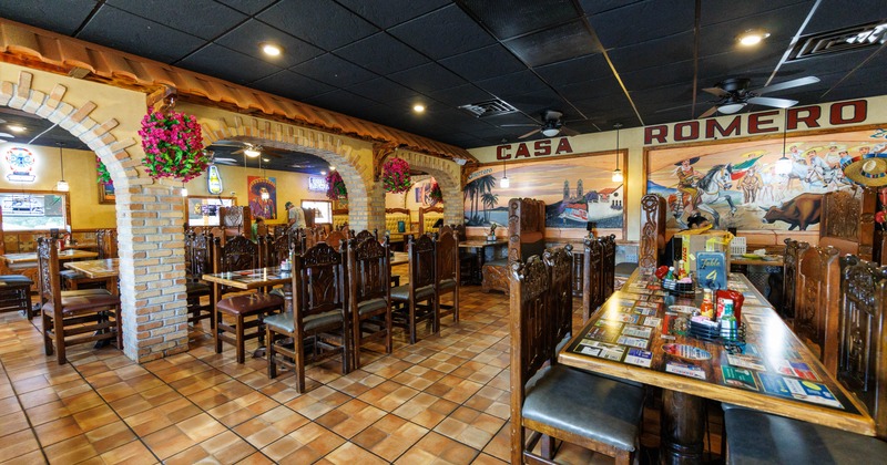 Interior, tables and chairs in dining area