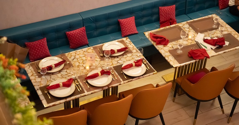 Interior, dining area, view from above