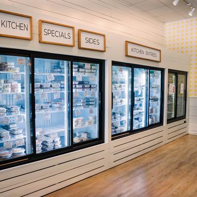 Coolers with prepared foods.