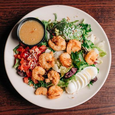Coconut shrimp salad, top view.