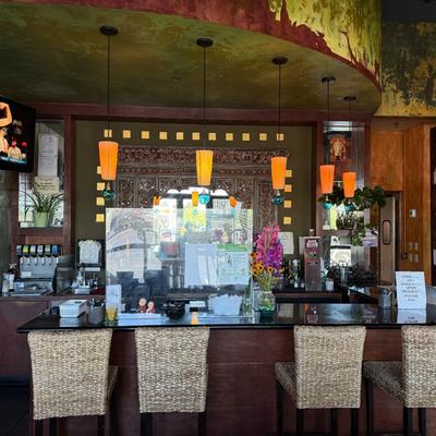 Bar counter area with pendant lighting.