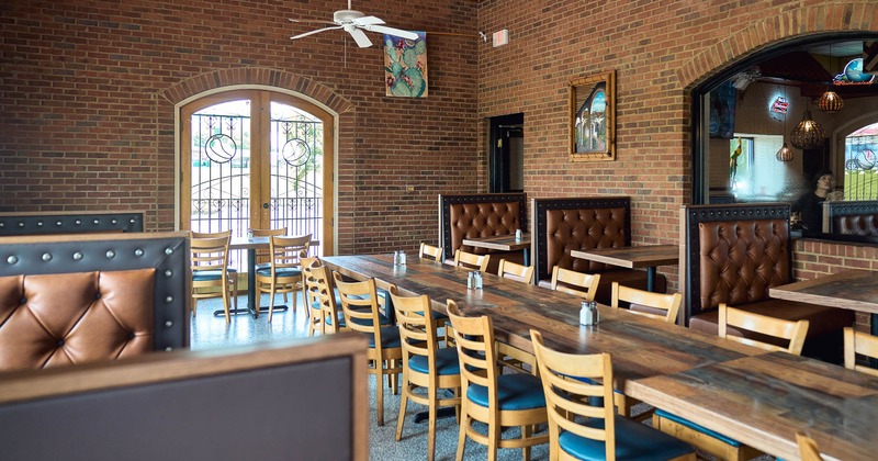 Interior, seating space, booths on the right