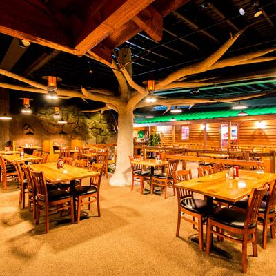 Wide view of a dining room, with tables, chairs, and a decorative snag centerpiece.