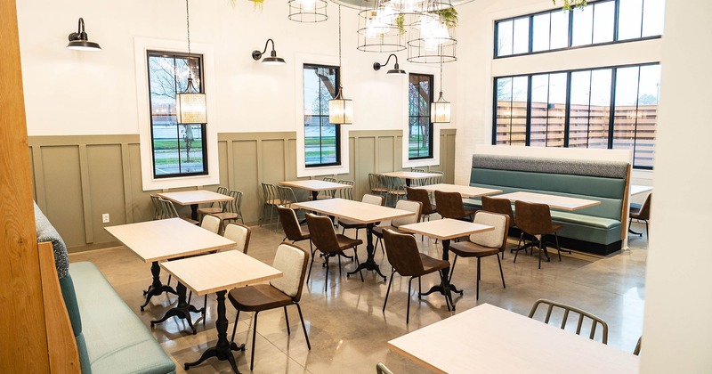 Interior space, tables, chairs, and seats