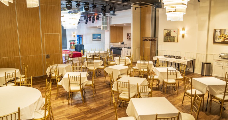 Interior, seating area with tables and chairs