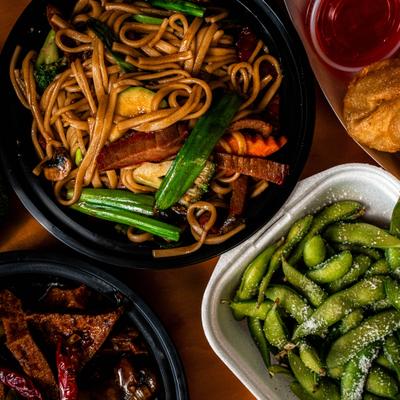 Different food dishes served on the table, top view.