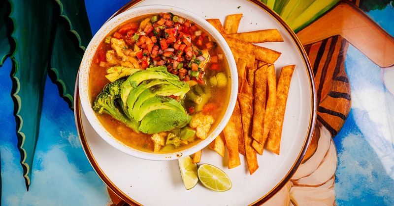 Chicken soup, with salsa, avocado, and tortilla strips