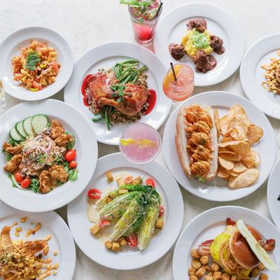 Colorful dishes and drinks arranged on a table