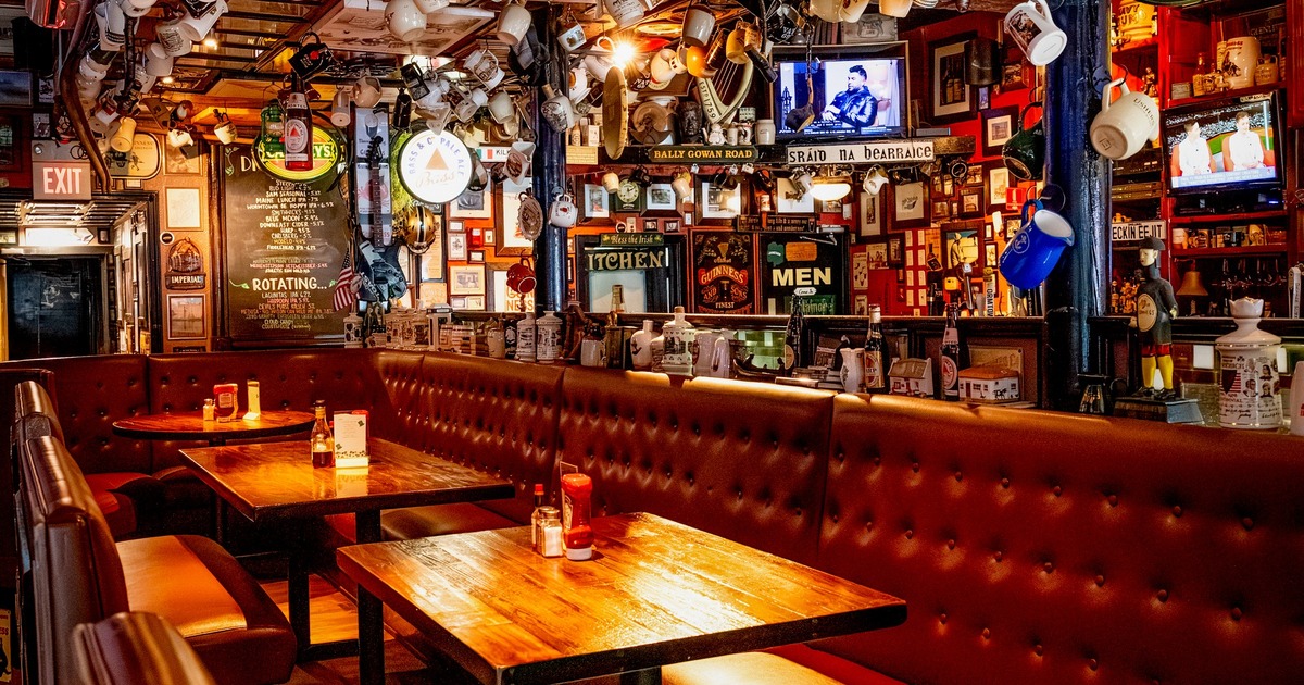 Interior, bar and seating area with leather benches