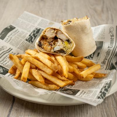 Grilled chicken wrap, with mushrooms, hard boiled egg, mozzarella, and fries.