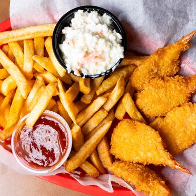 fried shrimp basket with coleslaw and fries.