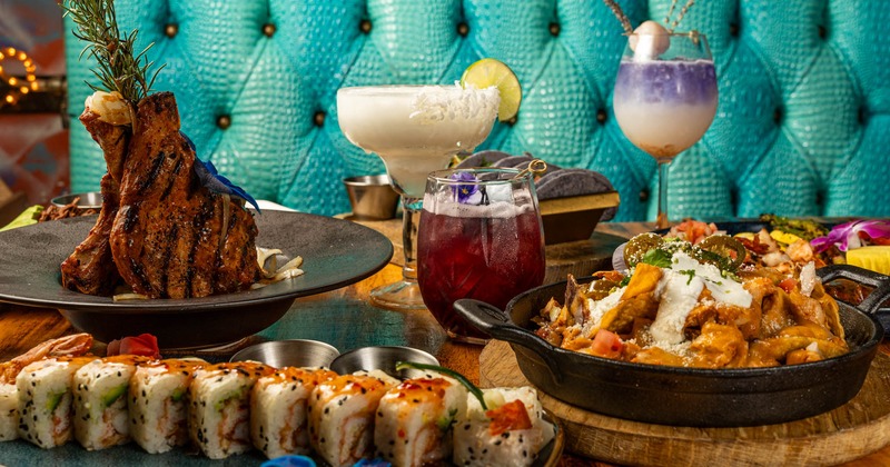 Various served meals and drinks