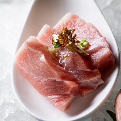 Tuna sashimi dish, top view.