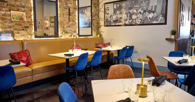 Interior seating area with chairs and tables