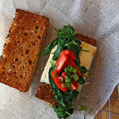 Dark bread sandwich with greens, tomatoes and cheese