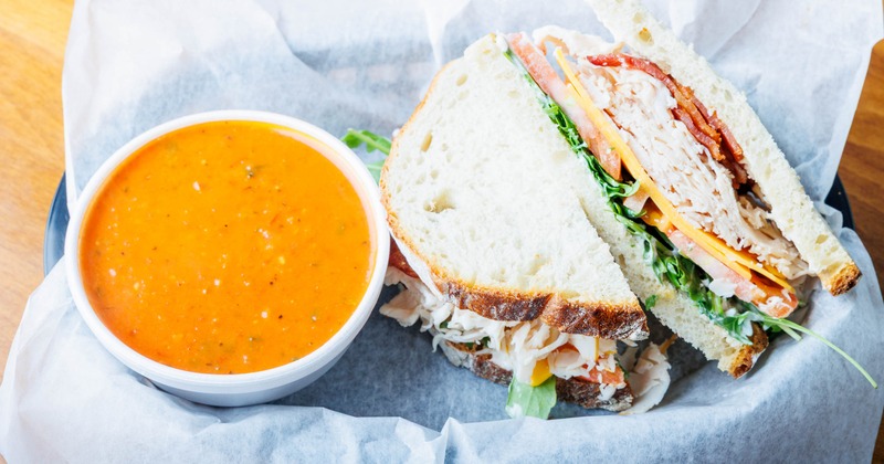 Turkey Bacon Sandwich with tomato soup on the side