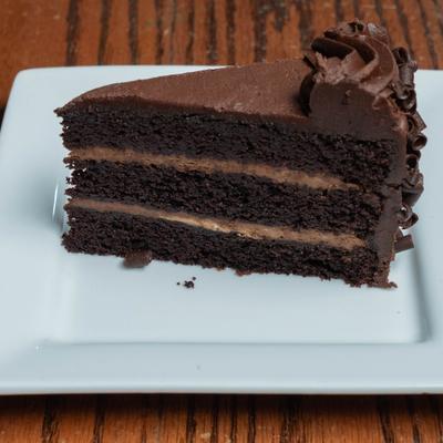 A slice of chocolate layer cake.
