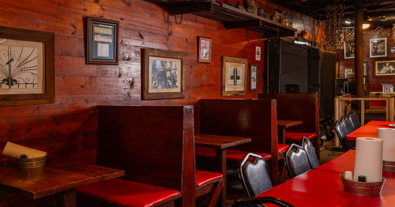 Interior, dining booths near wall