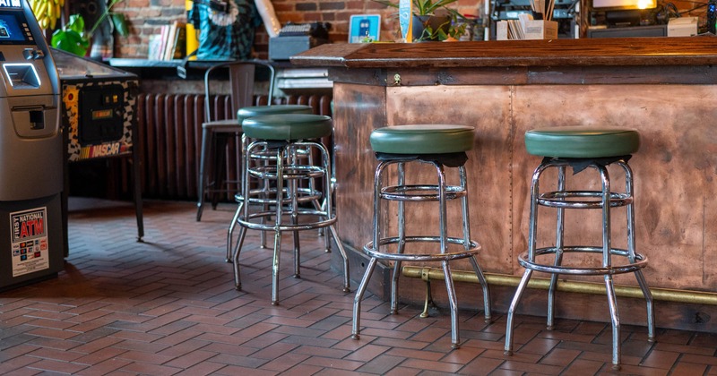 Interior, bar area, bar and bar stools