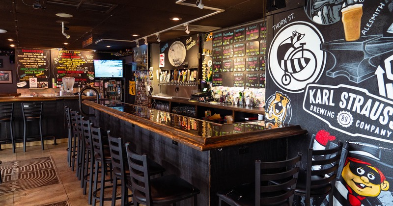 Interior, bar area with bar stools