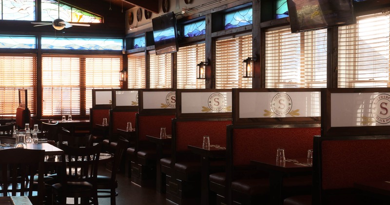 Interior, dining booths near window