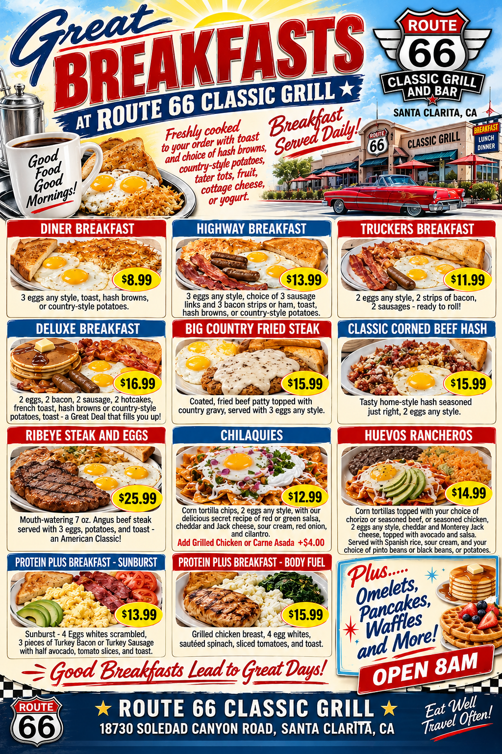 enjoy great breakfasts at Route 66 Classic Grill in Santa Clarita, CA