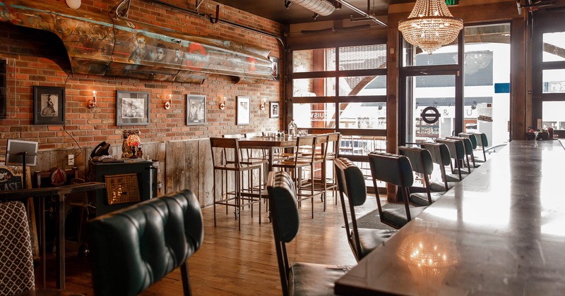 Interior, tables, counter, chairs, decorations, chandeliers, glass doors