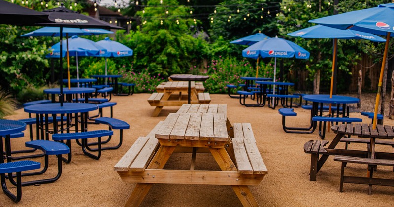 Outdoor seating area with wooden benches and picnic tables