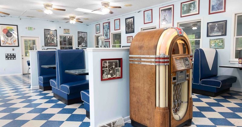 Interior, seating area with jukebox machine