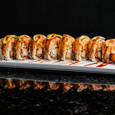 A plate of specialty sushi rolls.