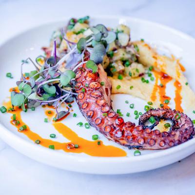 Grilled octopus with potato foam, microgreens, and paprika oil.